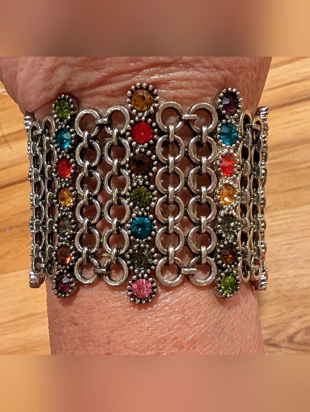 Multicolor Crystal And Silvertone Link Panel Stretch Bracelet